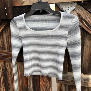 Striped Gray Long Sleeve Ribbed Crop Sweater